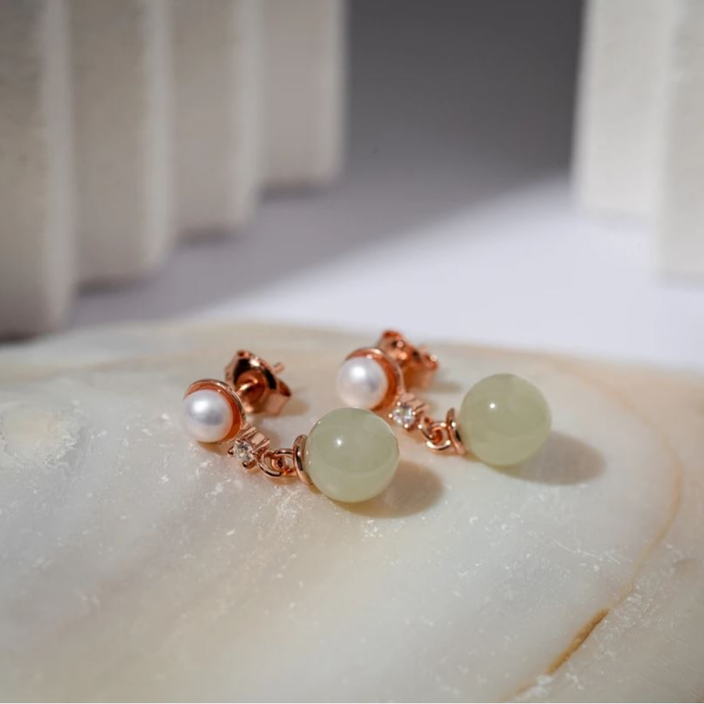 Harmony Cascade -  Hetian Jade Collection  Earrings “祥玉明珠”和田玉耳环